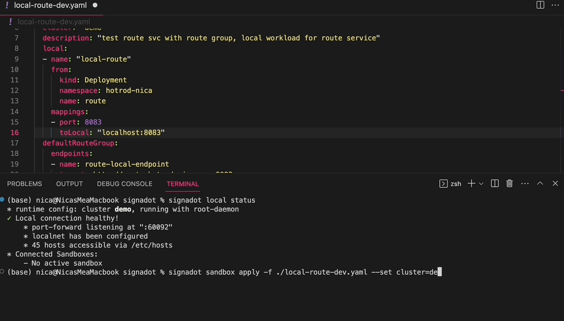 Terminal recording of applying a sandbox spec with the Signadot CLI and checking the sandbox status