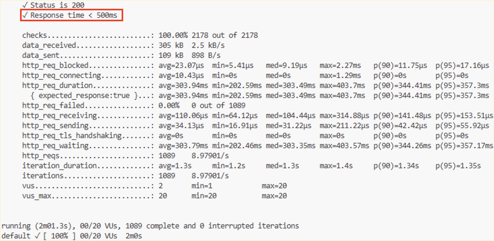 k6 test summary for the baseline location service showing all checks passing with response times under 500ms