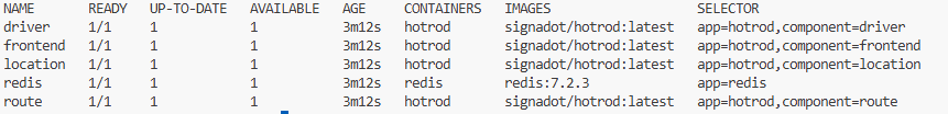 kubectl output listing the HotROD driver, frontend, location, redis, and route deployments running in the cluster