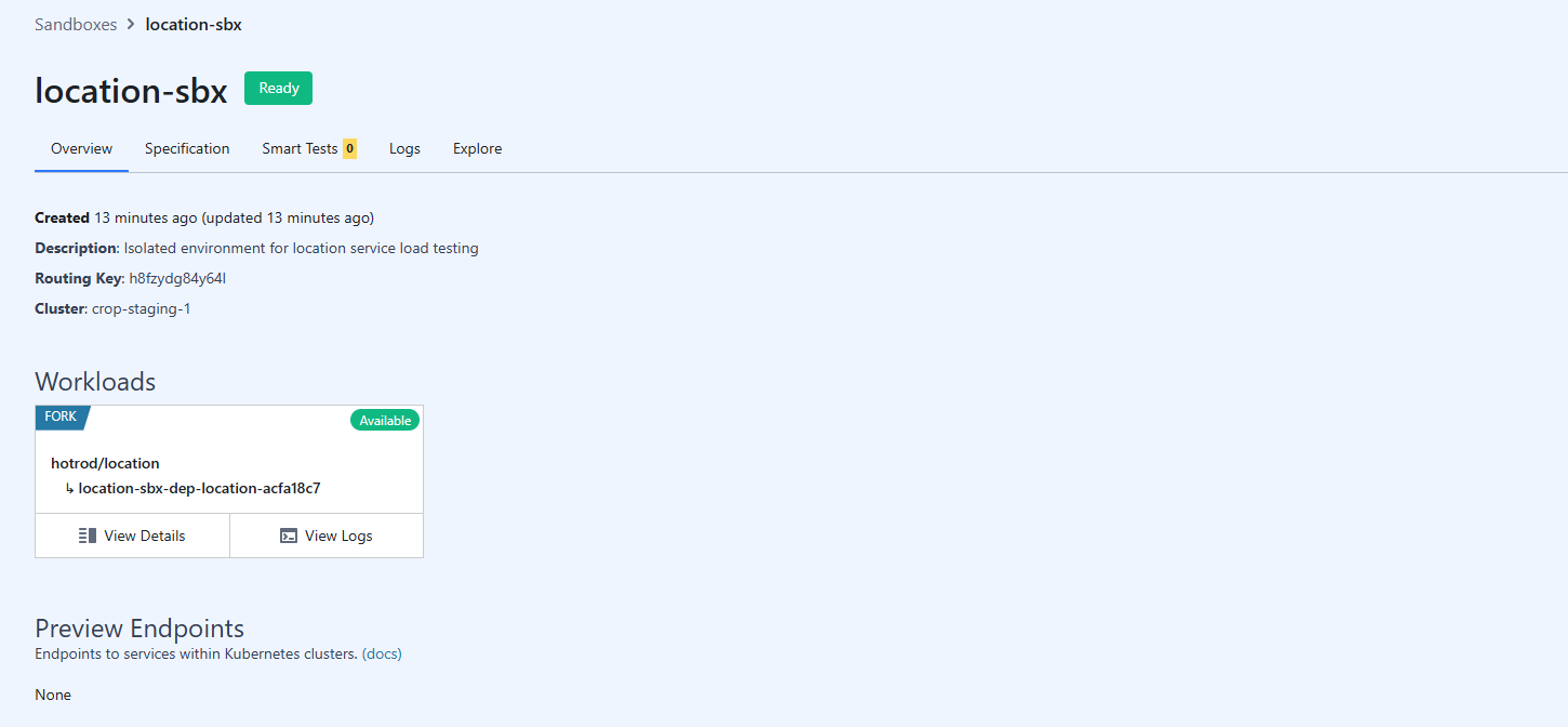 Signadot dashboard showing the location-sbx sandbox in ready state with a forked hotrod location workload