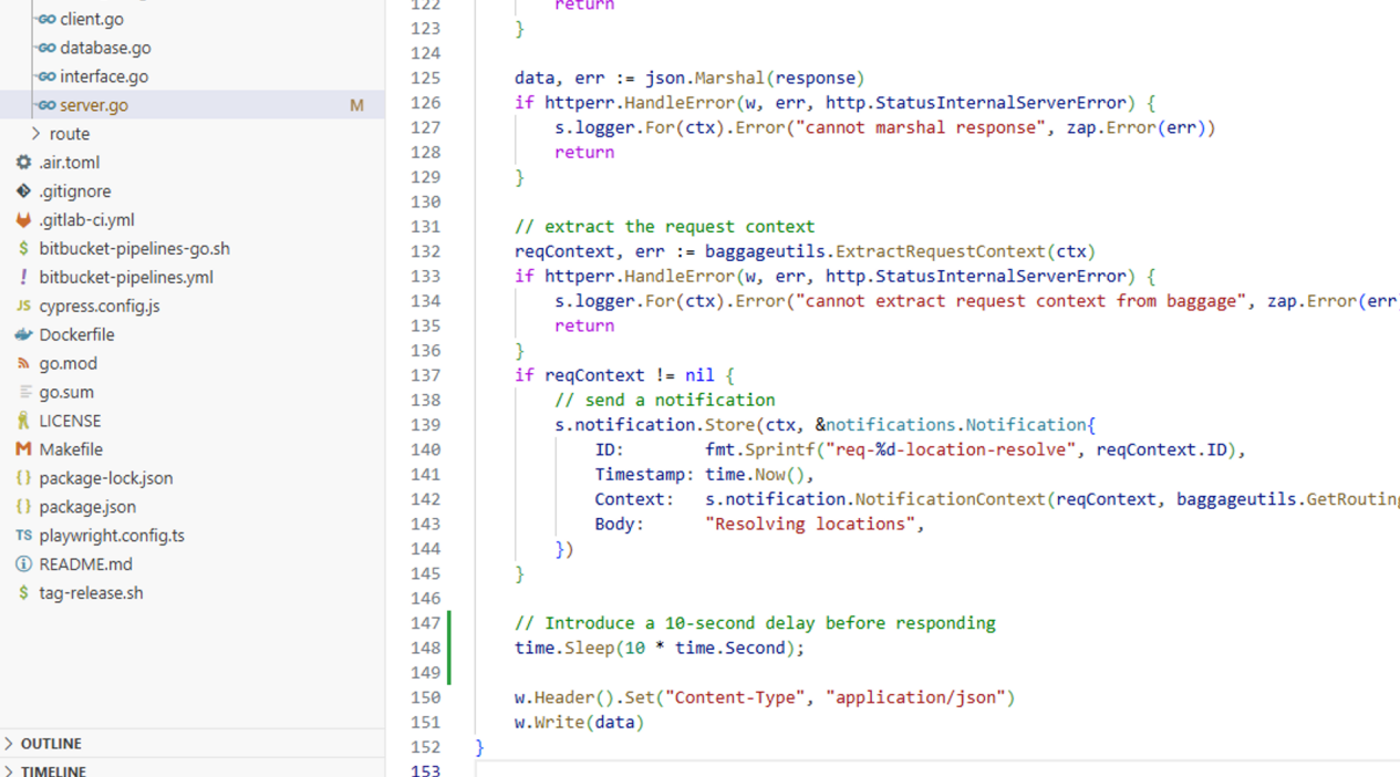 Go source of the HotROD location service with a 10 second delay added before responding