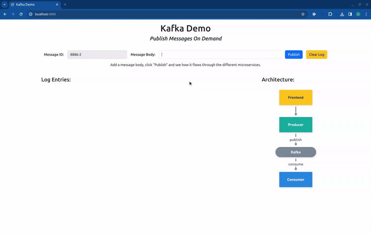Animation of the demo UI with routing context set to consumer-sbx, showing the message produced by the baseline producer and consumed by the sandboxed consumer