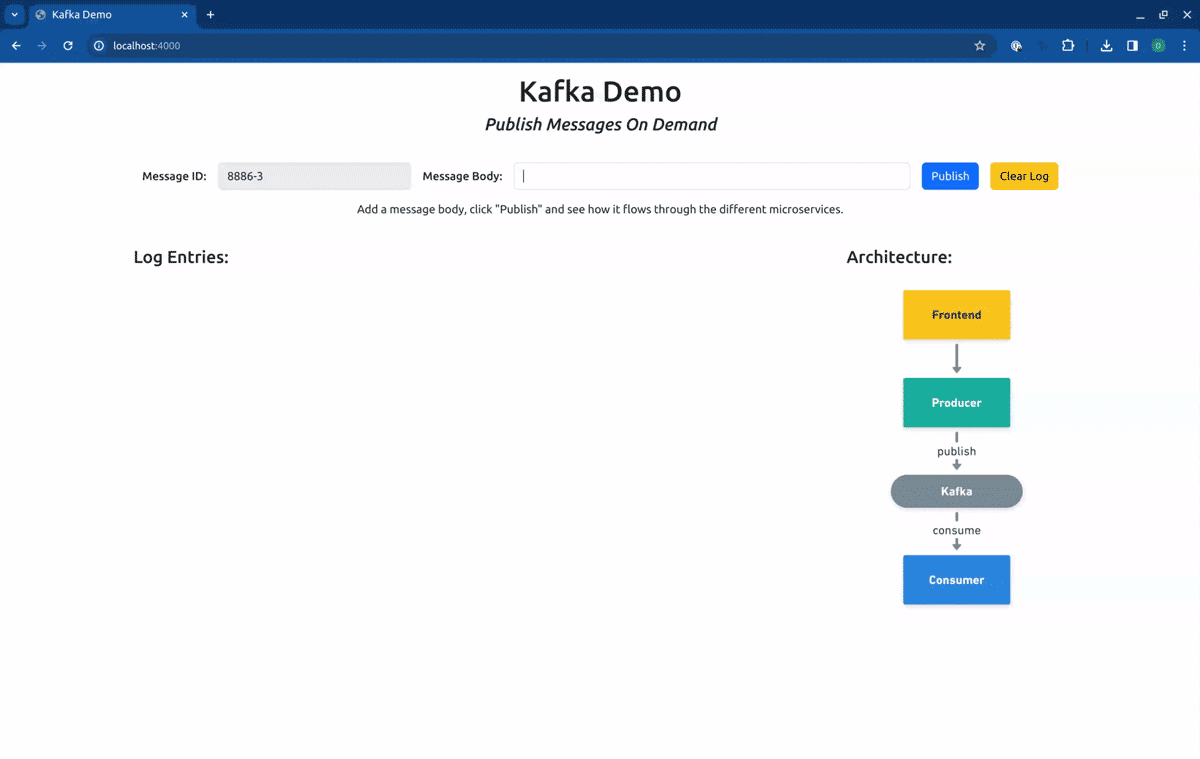 Animation of the demo UI with routing context set to producer-sbx, showing the message produced by the forked producer and consumed by the baseline consumer