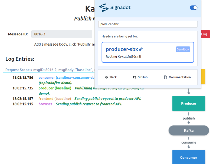 Signadot browser extension setting request headers for the producer-sbx sandbox with its routing key