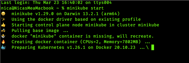screenshot of the terminal output of minikube start