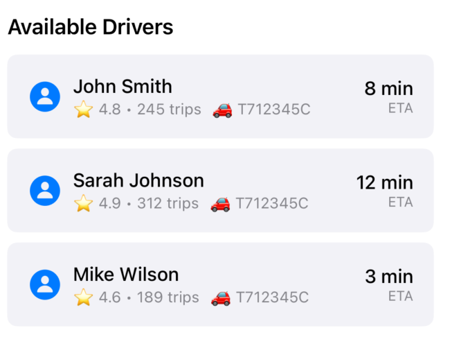 HotROD driver list in the production baseline showing ETAs in minutes