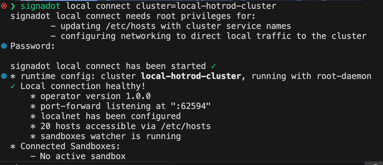 Terminal output of signadot local connect showing a healthy local connection to the cluster