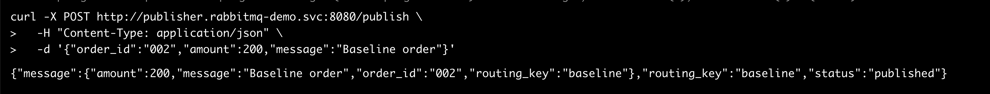 curl publishing order 002 without a sandbox header, with the response showing routing_key baseline and status published
