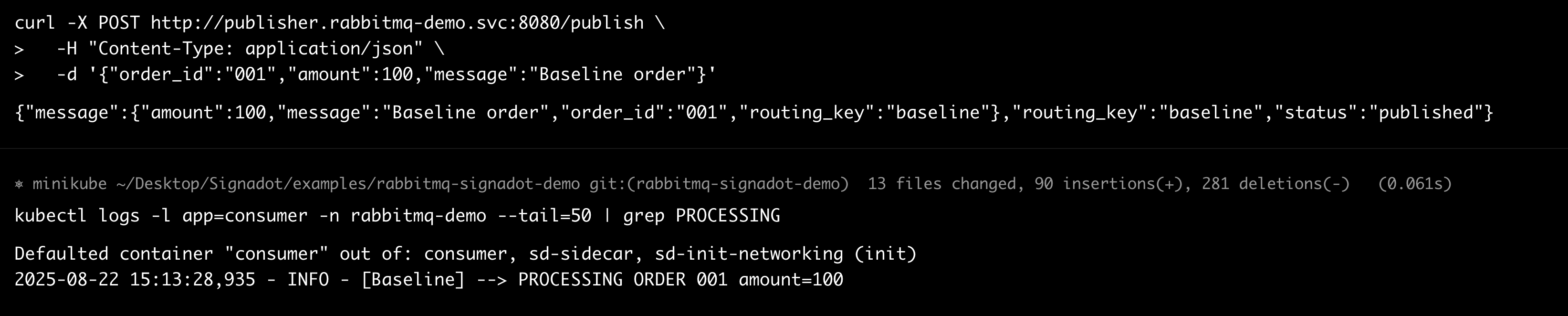 Terminal showing curl publishing a baseline order to the publisher service and kubectl logs confirming the baseline consumer processed it
