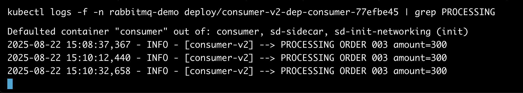 kubectl logs showing the sandboxed consumer-v2 processing only order 003 tagged with the sandbox routing key