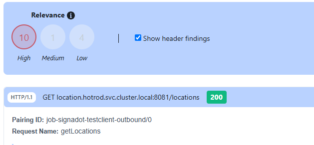 Signadot web GUI relevance panel showing 10 high relevance findings for the GET locations request