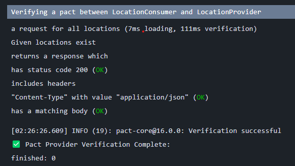 Pact provider verification output against the baseline showing status 200 and a successful verification