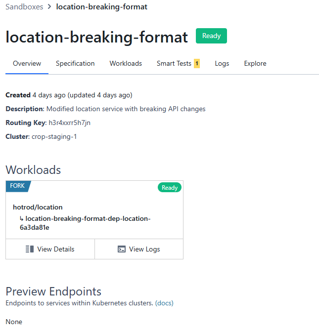 Signadot dashboard showing the location-breaking-format sandbox in Ready state with a forked hotrod location workload