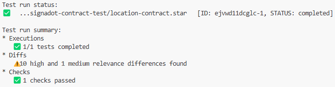 Smart Test run summary against the sandbox reporting 10 high and 1 medium relevance differences found