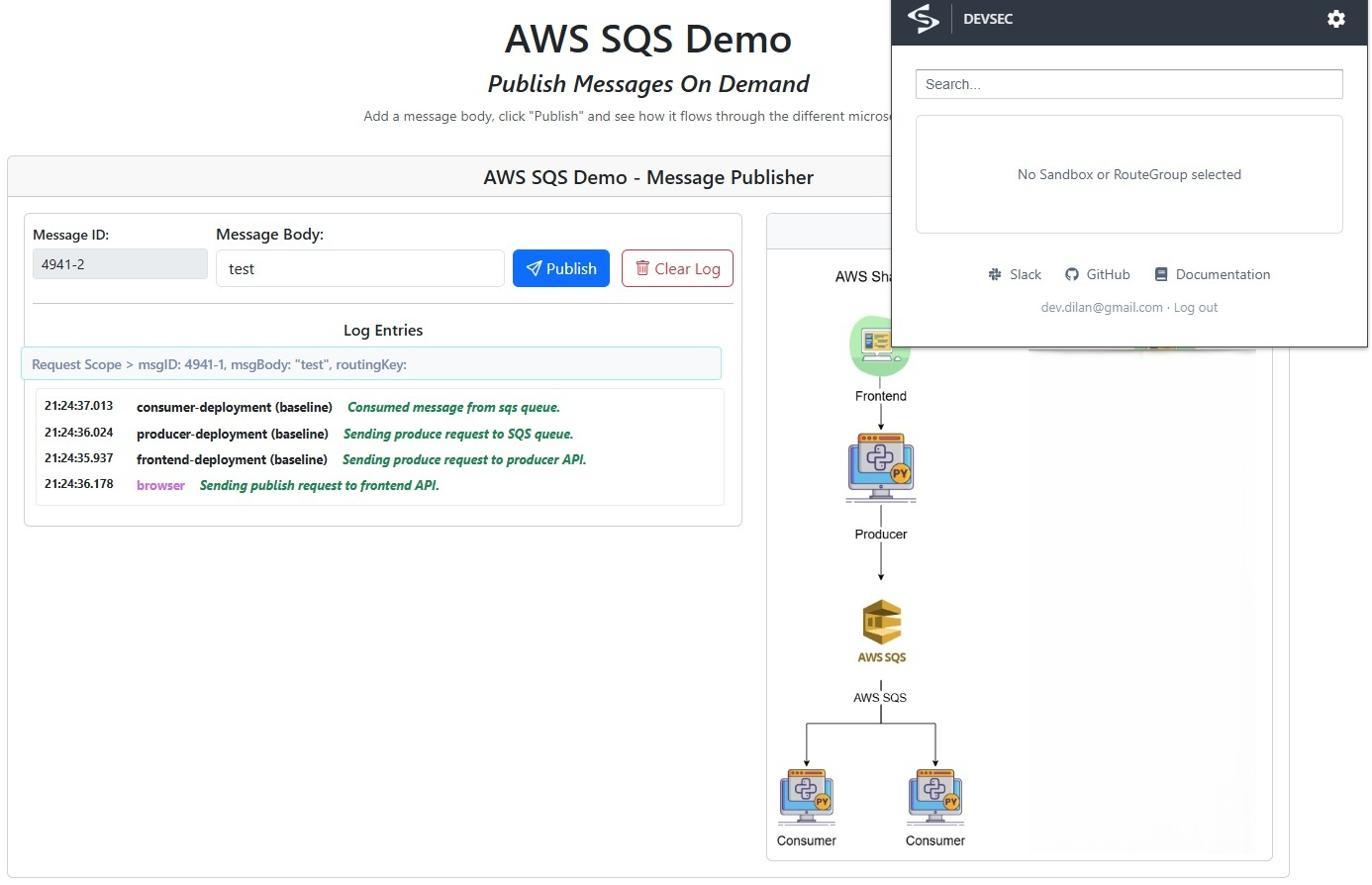 AWS SQS demo frontend showing a published message consumed by the baseline consumer while no sandbox is selected in the Signadot extension