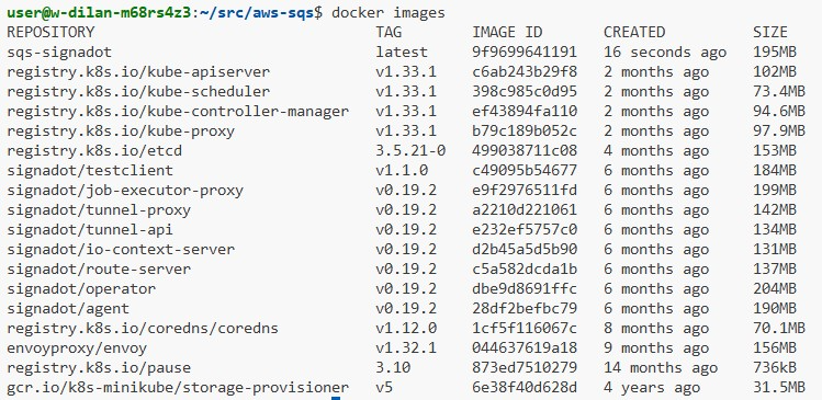 docker images output inside Minikube listing the newly built sqs-signadot image alongside Kubernetes and Signadot images