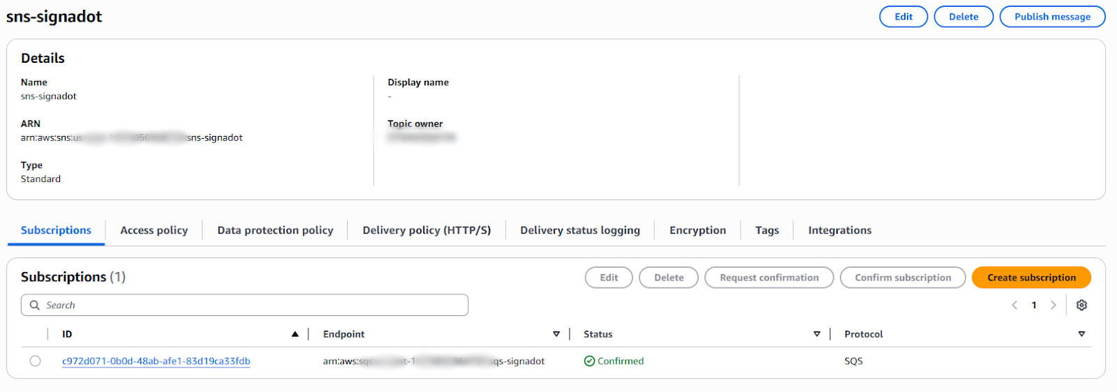 AWS console showing the sns-signadot topic with a confirmed SQS subscription