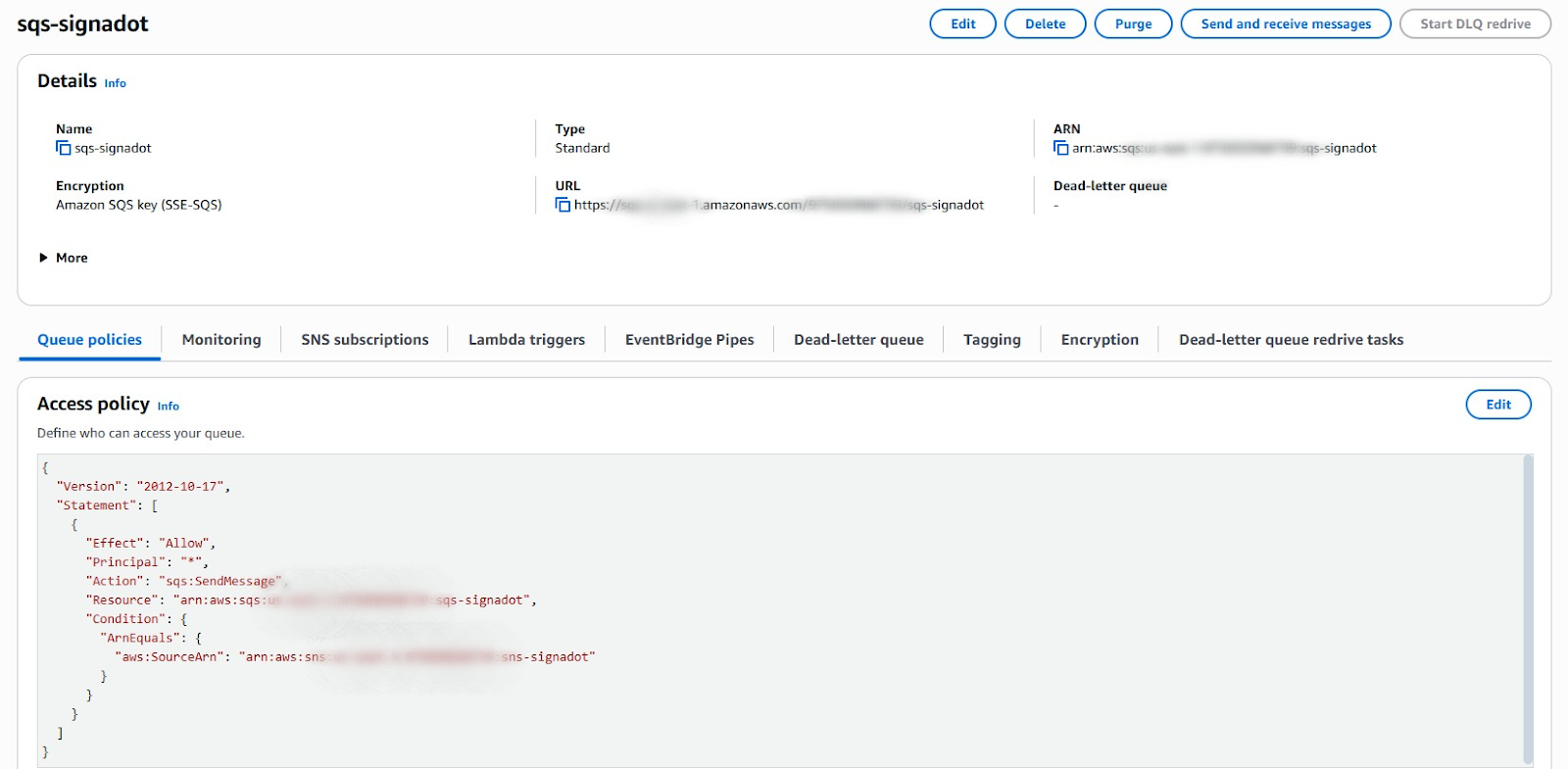 AWS console showing the sqs-signadot queue details and the access policy allowing SendMessage from the SNS topic