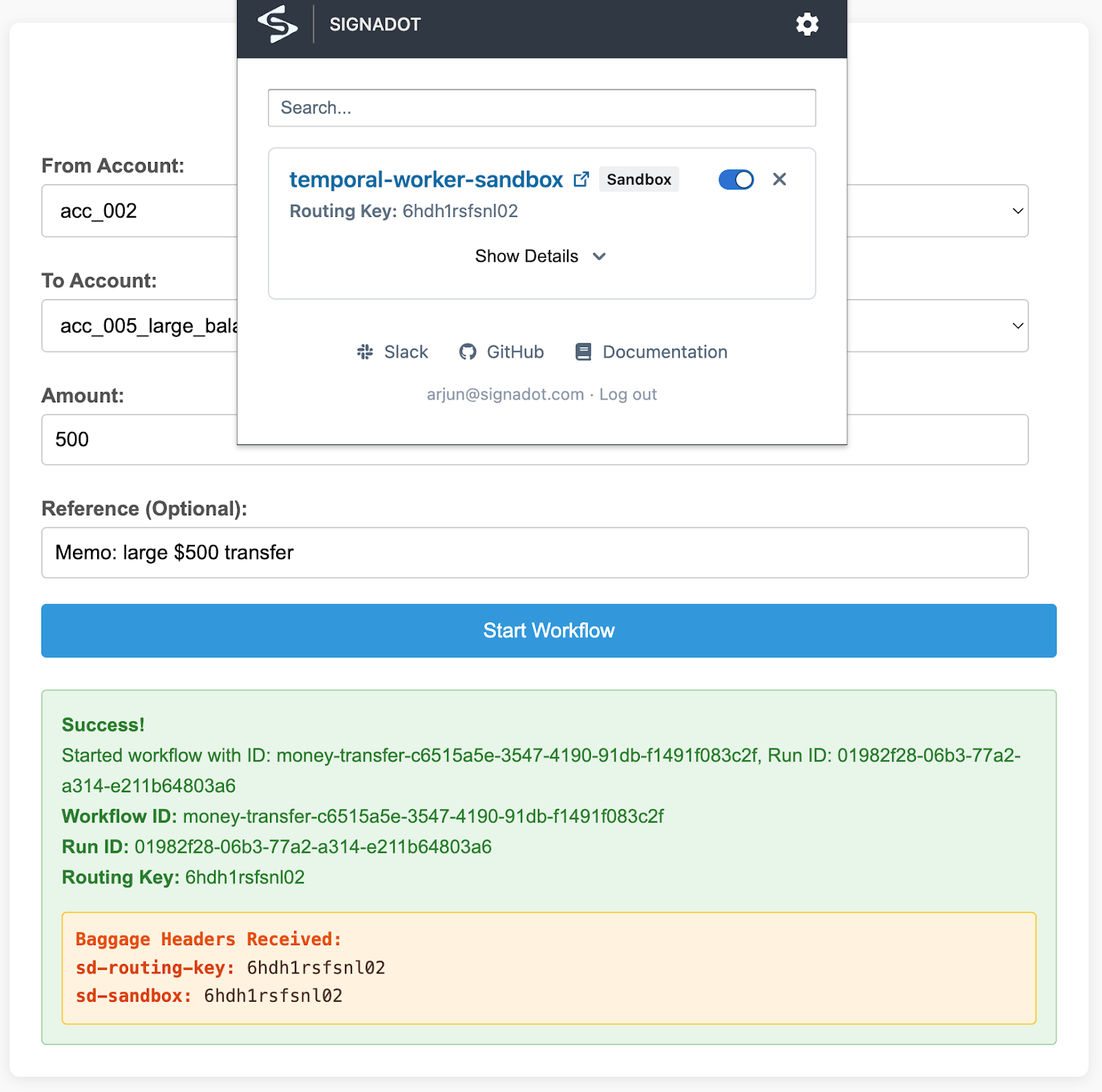 The client UI with the Signadot Chrome extension open, selecting the sandbox to route requests to