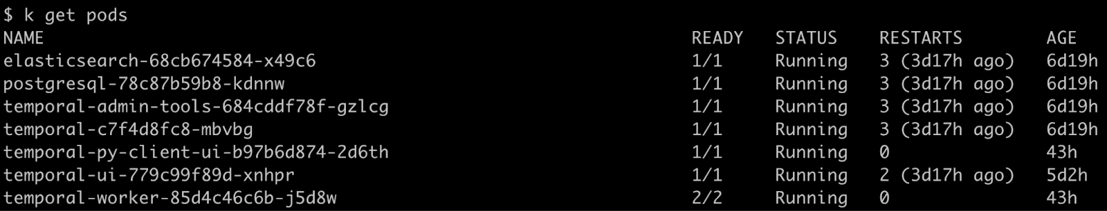 kubectl output showing the Temporal server, worker, and client UI pods running in the temporal namespace