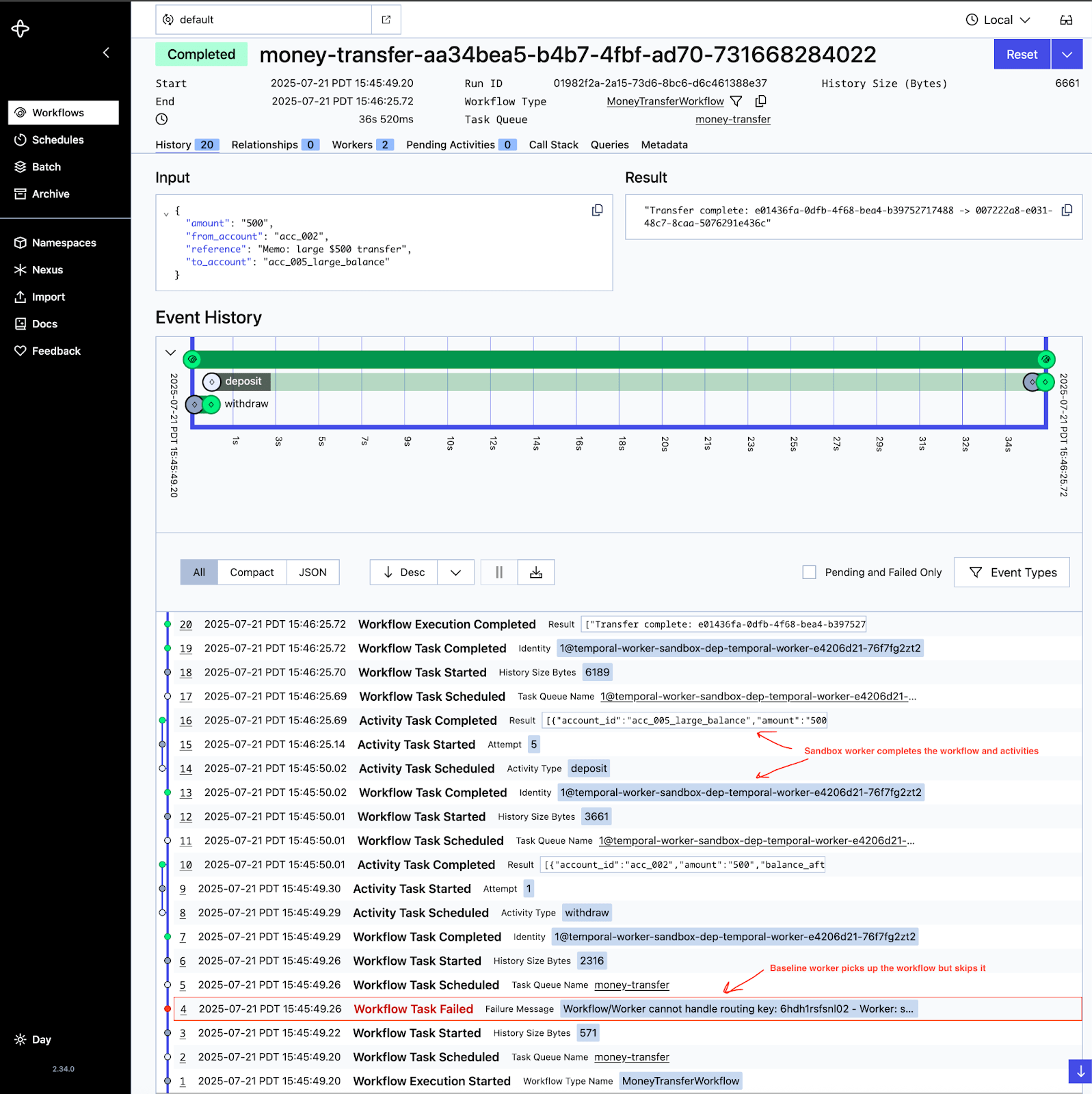Worker logs showing the sandboxed worker processing the routed workflow while the baseline worker skips it