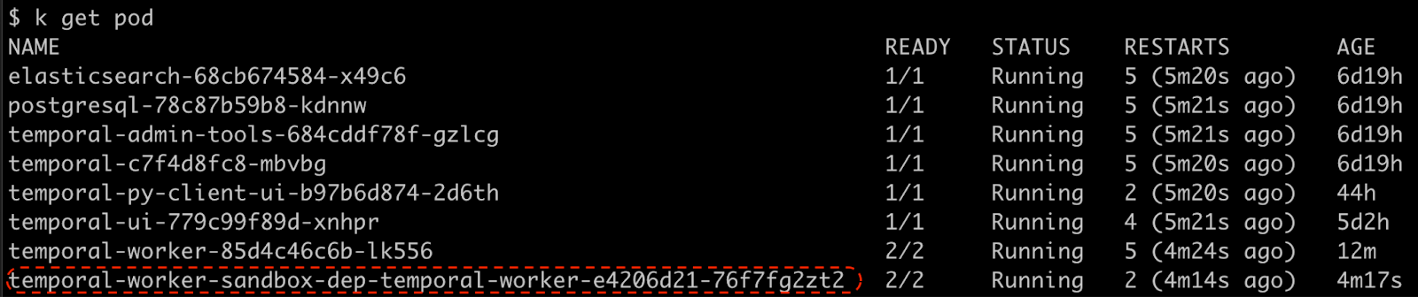 kubectl output showing the sandboxed worker pod running alongside the baseline worker