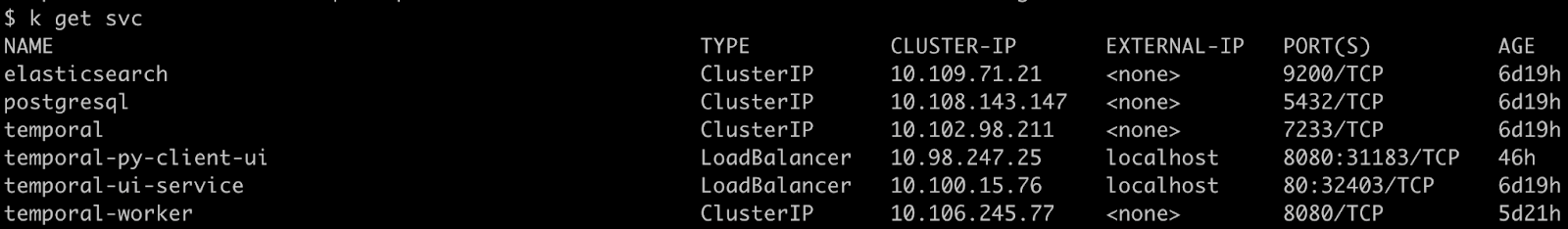 kubectl output listing the Temporal and client UI services in the temporal namespace