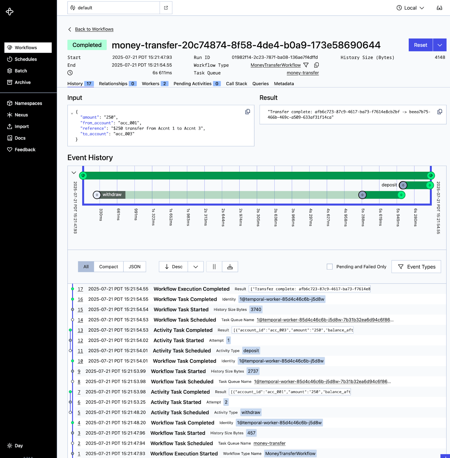 The Temporal UI showing the money transfer workflow execution history