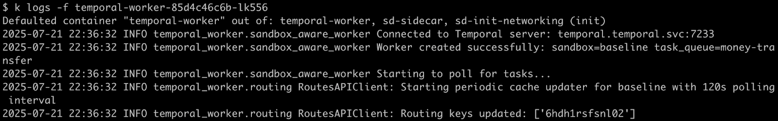 Worker logs showing the money transfer workflow and activity tasks being processed