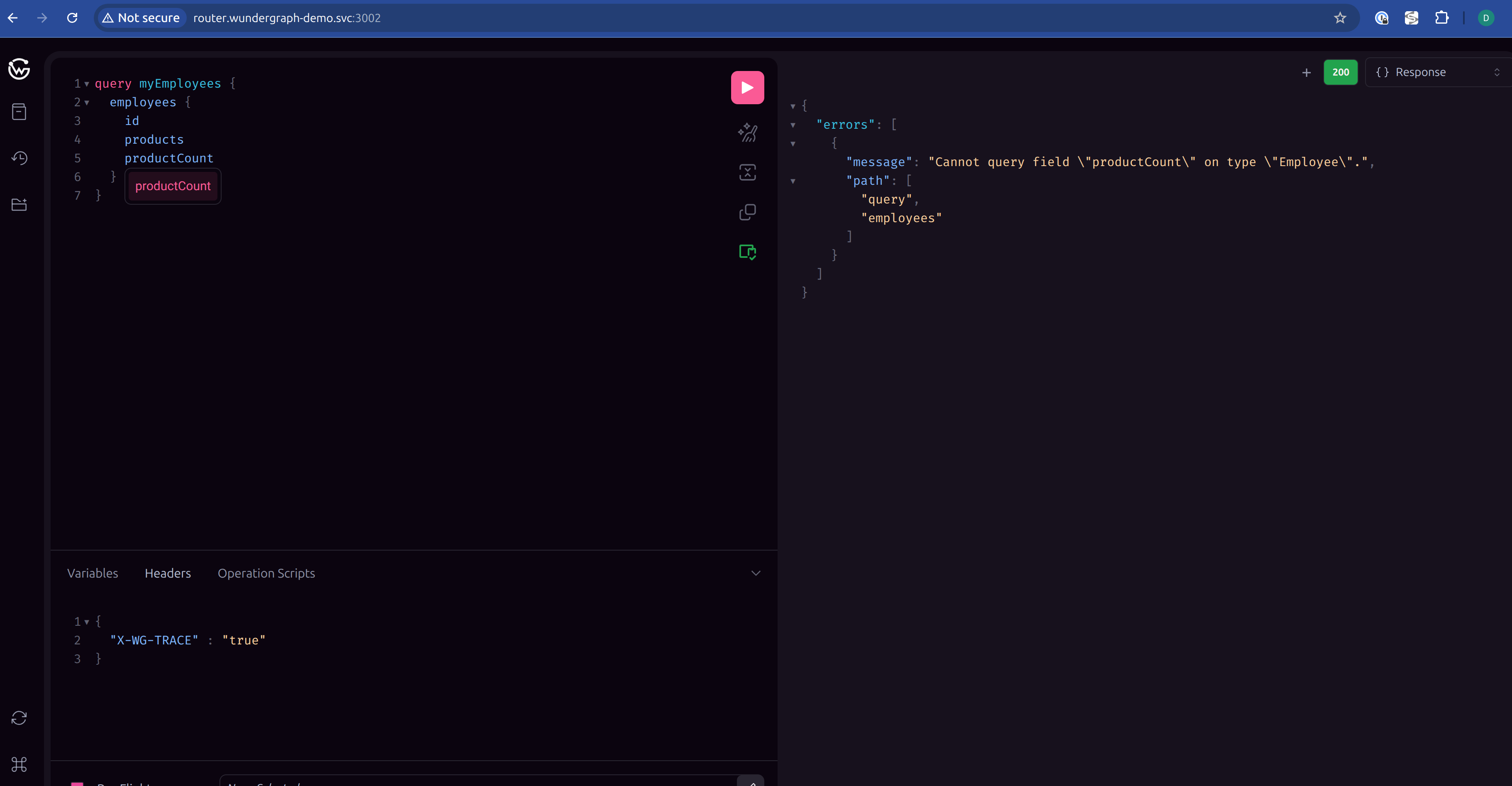 Running the same query against the baseline returns an error because productCount is not implemented there