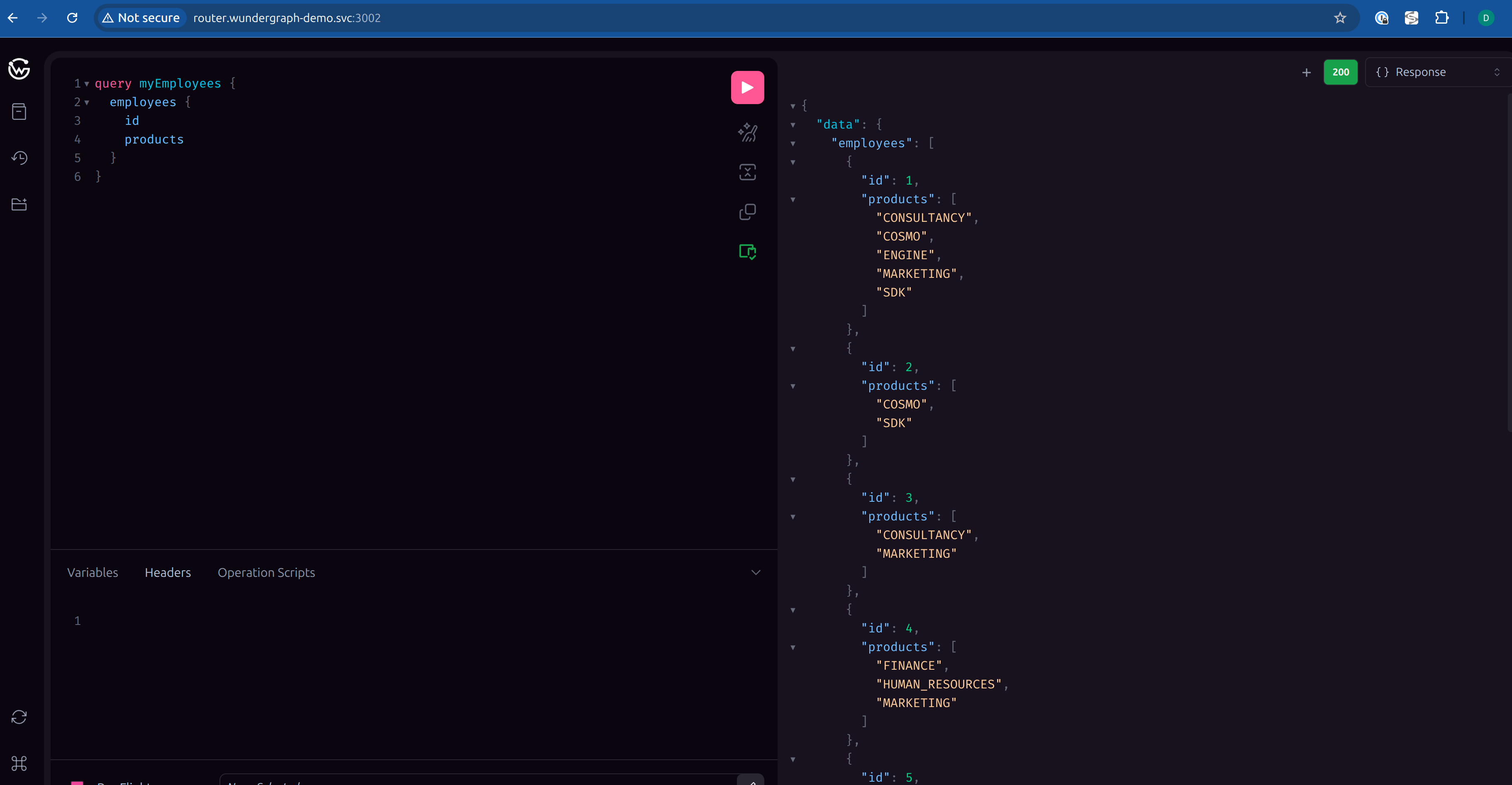 WunderGraph router GraphQL playground running a myEmployees query against the baseline environment
