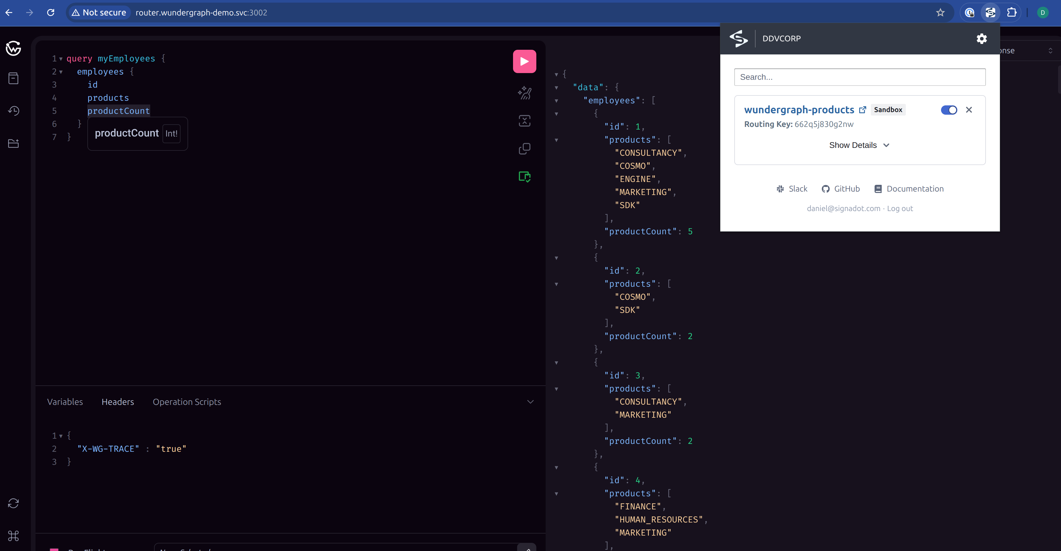 Router playground with the Signadot browser extension routing to the sandbox, returning the new productCount field from the products fork